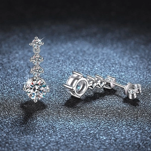 Classic 925 sterling silver moissanite earrings with a 4-claw four-stone vertical drop design