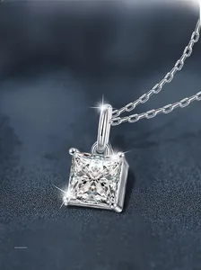 Macro detail of S925 sterling silver princess cut moissanite pendant on a fine chain