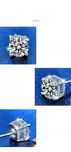 Détail macro de boucles d'oreilles moissanite avec sertissage à quatre griffes et argent 925