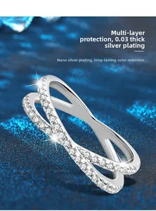 Macro detail of silver crossover ring featuring multi-layer plating and micro-pave setting
