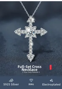 Macro shot of S925 sterling silver cross pendant featuring full moissanite stones