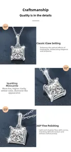 Macro shot of princess cut moissanite necklace with four-claw setting and polished finish