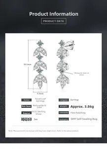 Detailed size chart showing S925 silver moissanite tassel leaf earrings 30.5mm x 8.8mm
