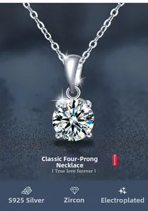 Macro shot of 925 silver four-prong setting moissanite necklace pendant detail