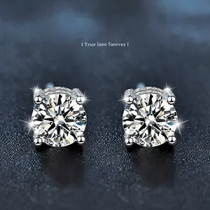 Boucles d'Oreilles Clous en Argent Sterling 925 Moissanite pour Femmes Couleur D Coupe Brillante Ronde Quatre Griffes Strass