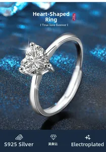 Macro shot of heart-cut moissanite ring set in S925 silver with polished finish