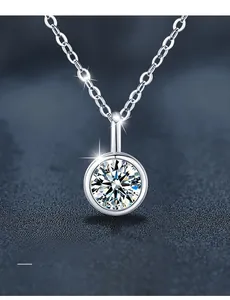 Macro view of 3EX cut moissanite pendant with 58 facets in bezel setting S925 silver