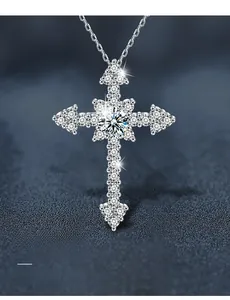 Close-up of S925 silver cross pendant with brilliant 3EX cut moissanite pave setting