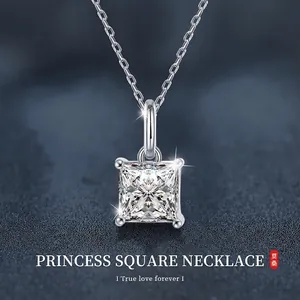 925 Sterling Silver Moissanite Pendant Necklace Princess Cut Square D Color Clavicle Chain Jewelry For Women Elegant Birthday Gift