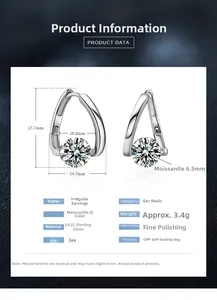 Detail of irregular S925 sterling silver earrings with a 6.5mm D-color moissanite stone