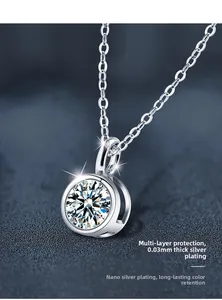Macro detail of 0.03mm thick silver plating and sparkling round moissanite pendant