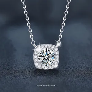 Collier Pendentif Moissanite en Argent Sterling 925 Minimaliste Halo de Moissanite Rond Chaîne Classique Bijoux pour Femme