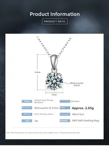Detailed view of 8mm moissanite pendant in 925 silver setting with dimensions