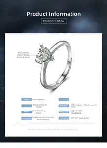 Detail of heart-cut moissanite ring showing 925 sterling silver adjustable band specs