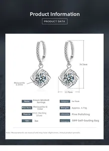 Detailed view of S925 silver moissanite windmill earrings with size and weight specs
