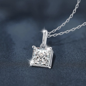 Classic princess cut moissanite solitaire necklace in S925 sterling silver four-prong setting