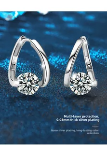 Detailed macro shot of S925 sterling silver U-shaped earring with brilliant moissanite
