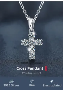 Macro shot of S925 silver cross pendant with Moissanite stones and a fine chain necklace