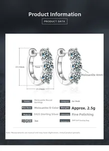 Détails des boucles d'oreilles en argent S925 avec moissanite ronde de 4mm couleur D