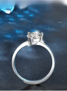Detailed shot of moissanite silver ring with adjustable band and nano-plated finish