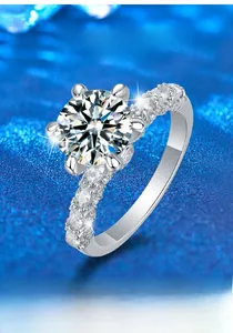 Macro shot of 6-prong 2ct moissanite ring with S925 silver micro-paved band detail