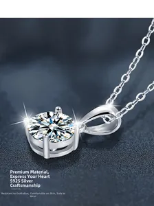 Detail of a four-prong Moissanite pendant necklace crafted in premium S925 sterling silver