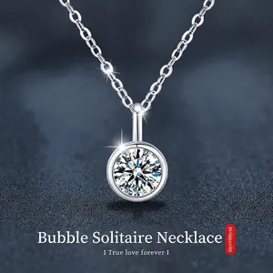 925 Sterling Silver Moissanite Pendant Necklace For Women Round Brilliant Cut Bubble Bezel Clavicle Chain Luxury Fashion Jewelry