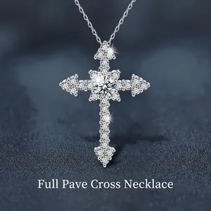 925 Sterling Silver Cross Pendant Necklace 0.5 Carat Moissanite Pave Simulated Diamond Jewelry for Women Wedding Party Gift