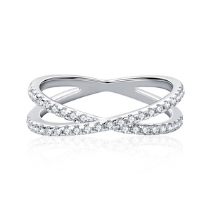 Minimalist S925 silver crossover band ring with pave moissanite stones on white background