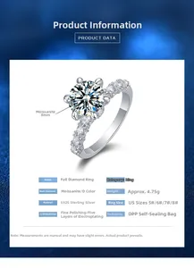 Technical data of 2 carat Moissanite ring with S925 silver and 6-prong setting