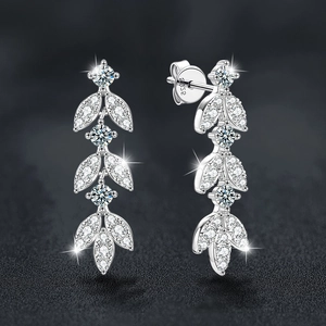 Moissanite tassel earrings in S925 sterling silver with sparkling leaf drop design