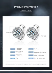 Macro detail of S925 silver sunflower moissanite earrings with halo design specs