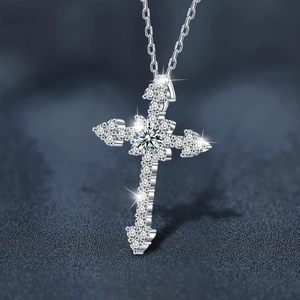 S925 sterling silver cross necklace pendant featuring moissanite pavé stones for women