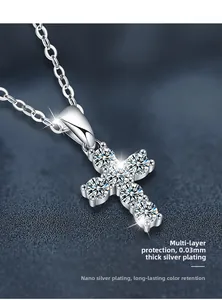 Detailed view of moissanite cross pendant with 0.03mm silver plating and nano color retention