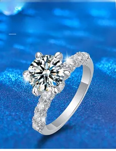 Detail of 2 carat moissanite ring with 3EX cut grade and 58 brilliant facets