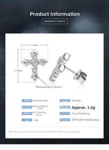 Detailed specifications of S925 sterling silver cross earrings with moissanite stones