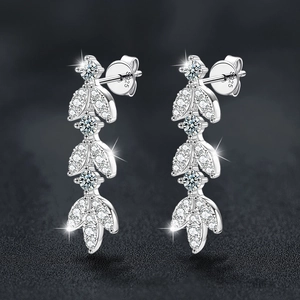S925 sterling silver tassel leaf earrings with moissanite accents for women