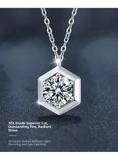 Détail macro du collier en argent S925 montrant 58 facettes et moissanite coupe 3EX