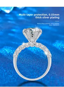Detail of 2 carat moissanite ring showing 0.03mm silver plating and six-prong setting