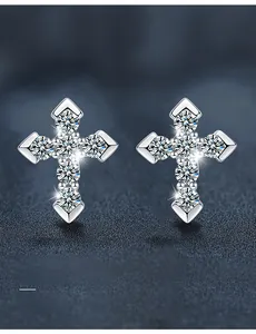 Close-up of S925 sterling silver cross stud earring with brilliant 3EX cut moissanite stones