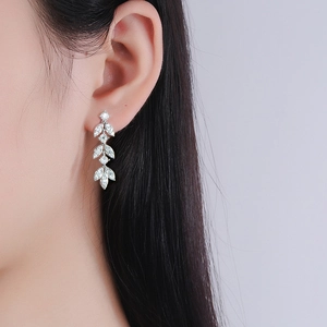 Moissanite tassel drop earrings in S925 sterling silver with a leaf-shaped dangling design
