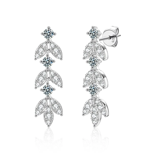 S925 sterling silver moissanite tassel leaf drop earrings with sparkling marquise gems