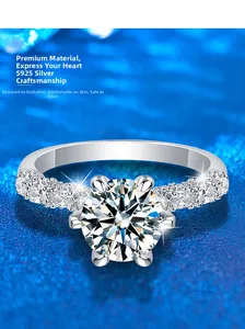 Detail of 2 carat round moissanite ring in S925 sterling silver with pavé setting