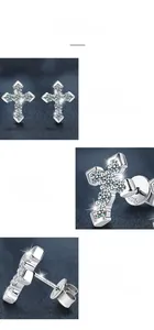 Detailed macro view of S925 sterling silver cross earrings featuring moissanite pavé stones