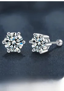 Close-up of S925 sterling silver moissanite stud earrings with classic six-prong setting