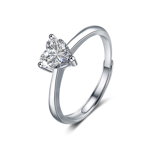 Adjustable 925 sterling silver ring featuring a heart-cut moissanite stone in a 3-prong setting