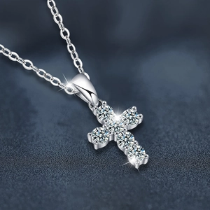 S925 Sterling Silver Moissanite Cross Pendant Necklace with polished finish and fine chain