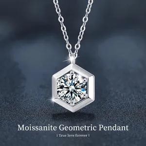 Collier en Argent Sterling S925 Avec Moissanite pour Femme Pendentif Géométrique Hexagonal Couleur D VVS1 Bijoux Cadeau Élégant