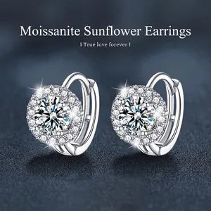 S925 Sterling Silver Sunflower Moissanite Hoop Earrings For Women D Color VVS1 Halo Flower Huggie Earrings Jewelry Gift