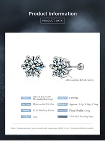 Detailed view of S925 sterling silver six-prong moissanite stud earrings with threaded post